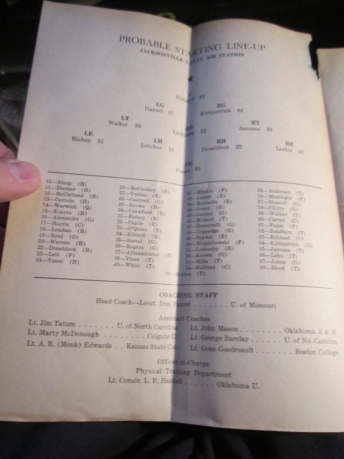 1944 U.S. NAVAL AIR STATION VS CHERRY POINT MARINES FOOTBALL PROGRAM BBA50