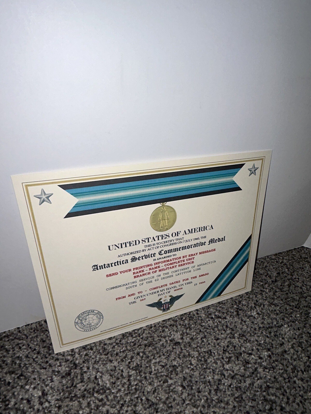 ANTARCTICA SERVICE MEDAL COMMEMORATIVE CERTIFICATE ~ W/PRINTING TYPE-1