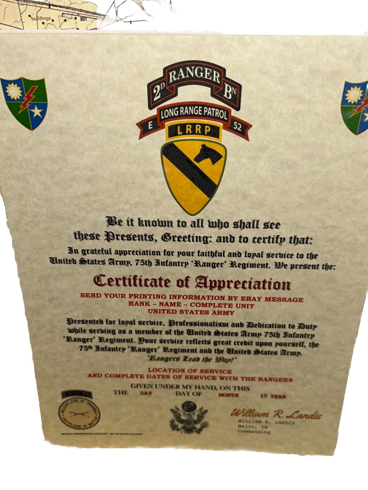 U.S. ARMY 75 RANGERS – 2BN E-52 LRRP – 1ST CAV DIV / CERTIFICATE OF APPRECIATION