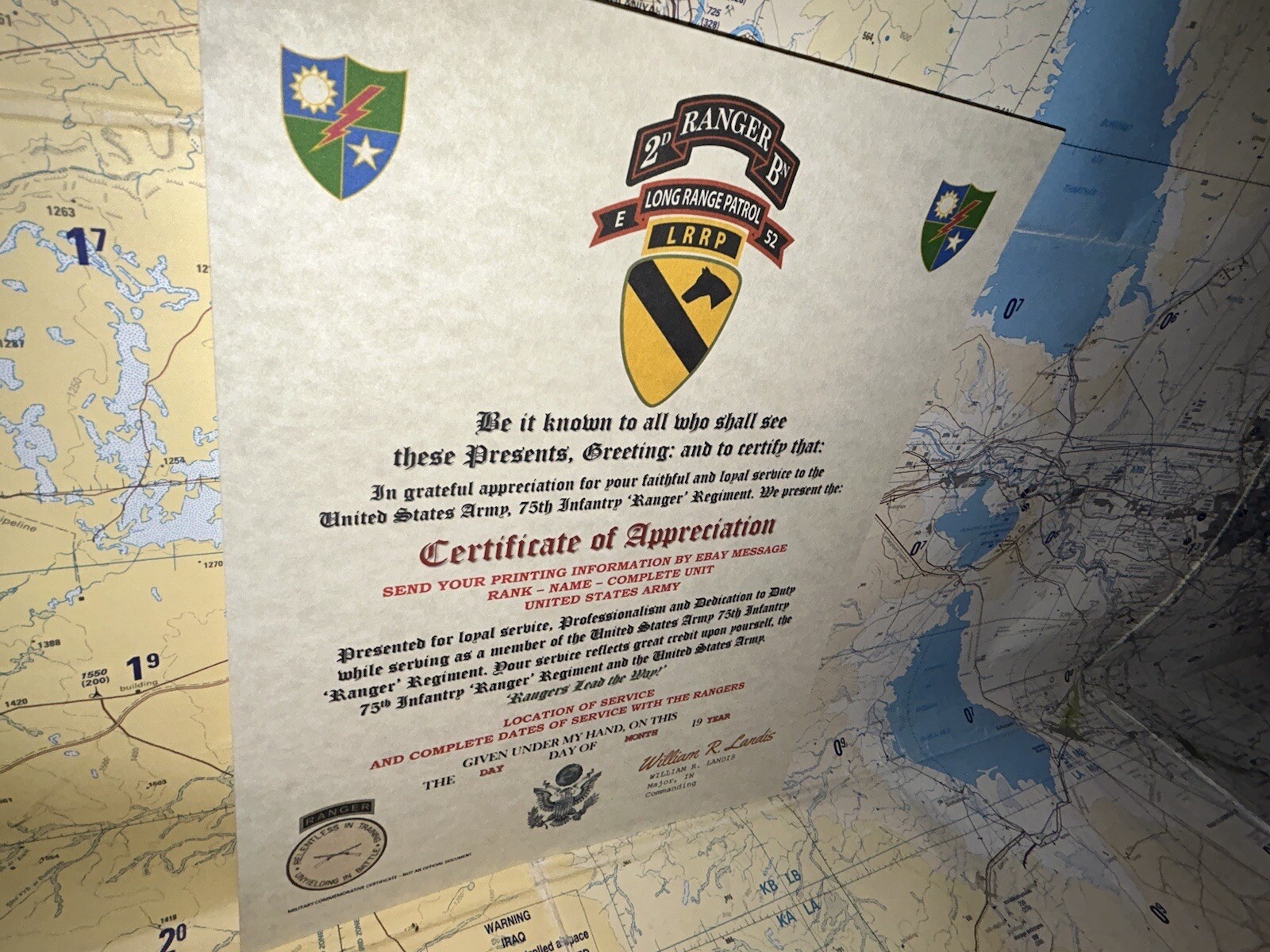 U.S. ARMY 75 RANGERS – 2BN E-52 LRRP – 1ST CAV DIV / CERTIFICATE OF APPRECIATION
